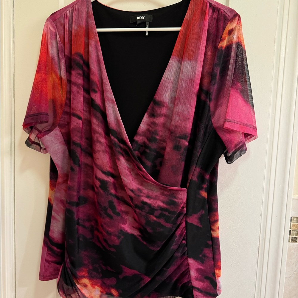 DKNY abstract faux wrap top size XL